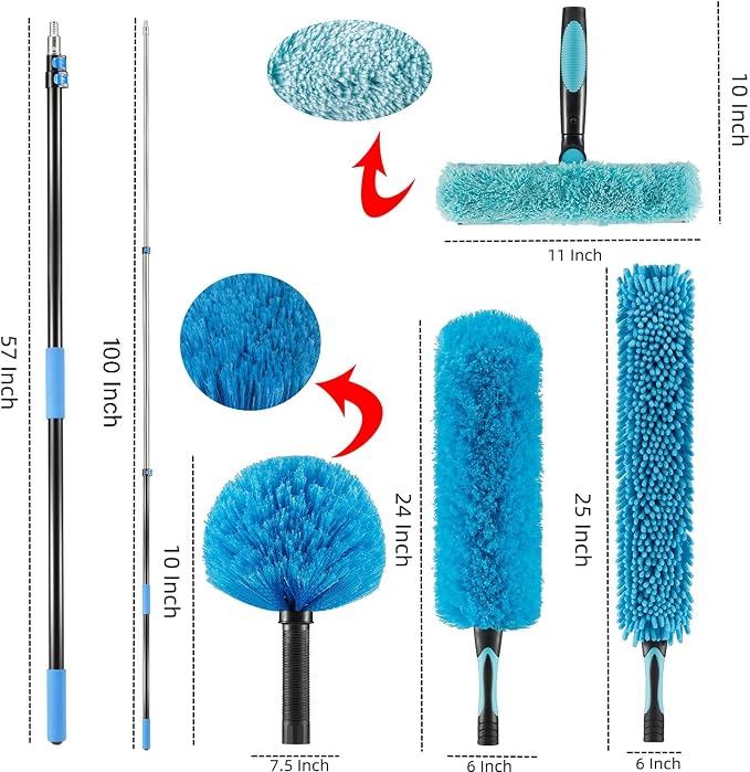 15 Foot High Ceiling Fan, Cobweb Duster with 5-8ft Extension Pole | Extendable, Reusable Feather, Window Cleaning Squeegee Kit