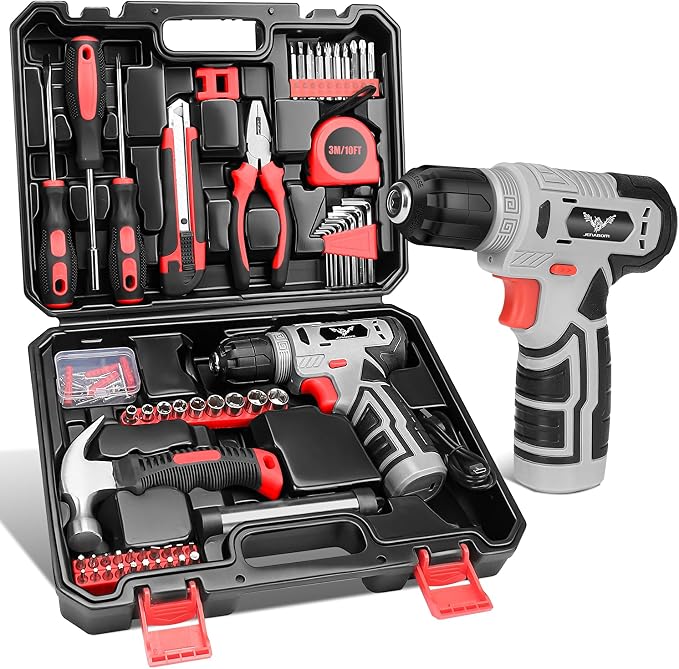 JENABOM Tool Set, 146-Piece Home Tool Kit with 8V Cordless Drill | Portable Tool Set with Storage Case, Hand Tools Kit for Apartment, Office & Daily DIY Repairs, for Men & Women