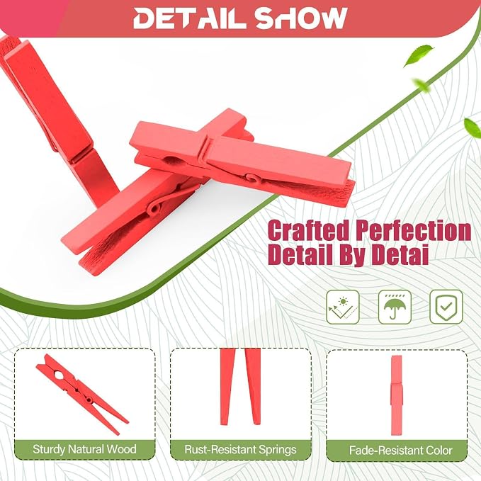100 Pcs Red Clothes pins - 2.9 Inch Wooden Clothespins Cheer Clips | Vibrant for Crafts Classroom Decorations Clothing Pictures Laundry Solid Wood No Splinters Fade‑Proof