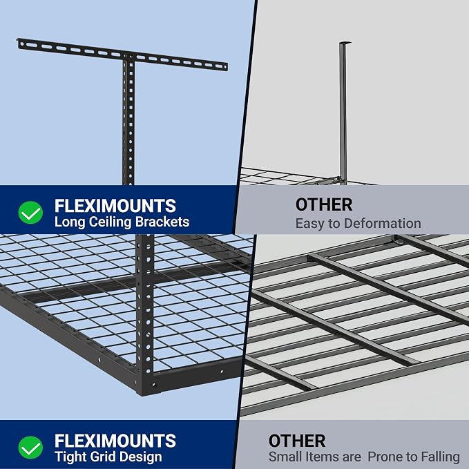 FLEXIMOUNTS 4x4 Overhead Garage Storage Rack, Adjustable Organization System, Heavy-Duty Metal Ceiling Racks, 350lbs Weight Capacity, Black, Classic Series