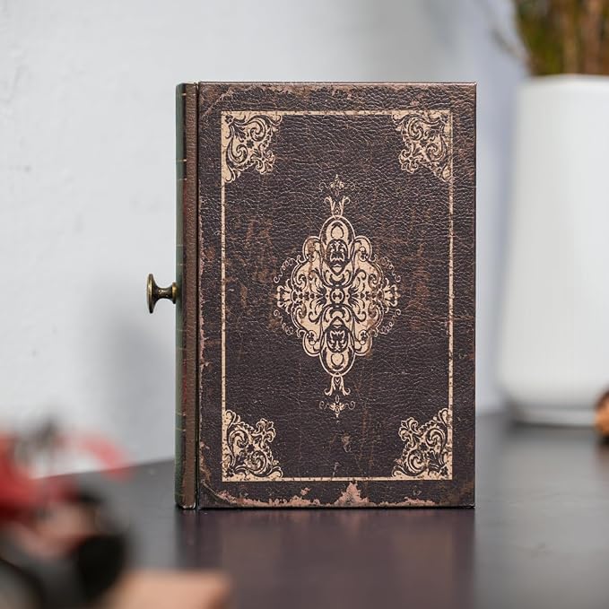 Vintage Decorative Book Storage Box with Drawer, Distressed Dark Brown Faux Leather Finish with Ornate Pattern, Hidden Keepsake Case for Desk or Bookshelf Display 7″ x 5″ x 1.6″