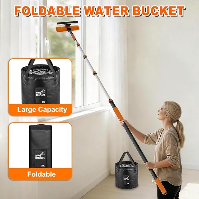 SISUPASSIE 26FT Reach High Ceiling Duster Kit, Window Cleaning kit with 5-20FT Extension Pole, Fan Duster for Ceiling Fan Blades, Microfiber Feather Duster, Window Squeegee, Bucket and Cobweb Duster