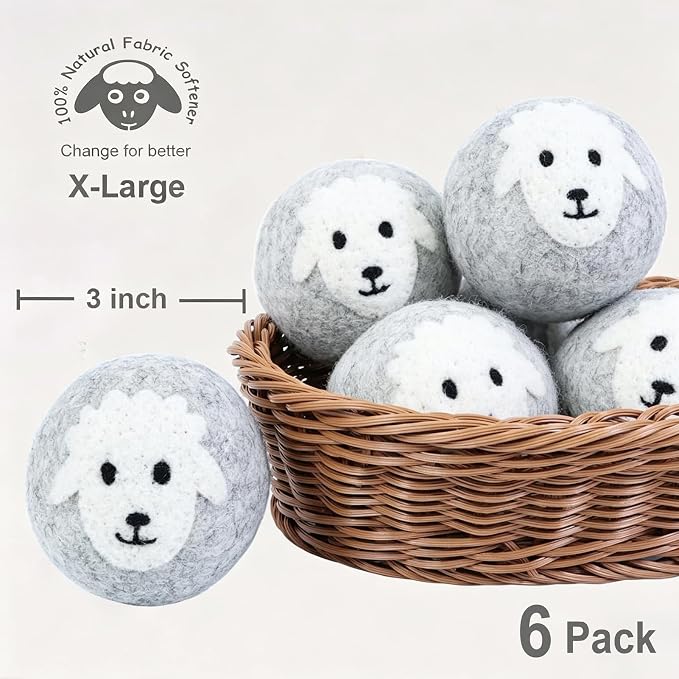 Budieggs Wool Dryer Balls XL 6-Pack, 100% New Zealand Wool Handmade | Chemical-Free Natural Fabric Softener Reusable, Reduces Wrinkles, Tangling, Drying time & Static Cling, Lasts 1000+ Loads