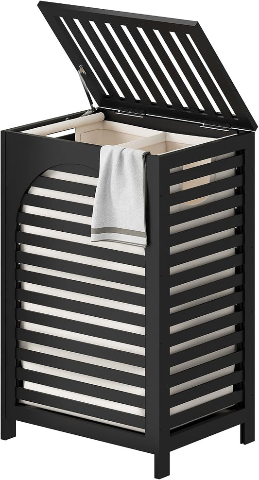 Laundry Hamper with Lid (16.9 * 13 * 26.5inches) Large Bamboo Laundry Bin Basket 85L Clothes Hamper with 1 Removable Bag Storage baskets for Bathroom(Black)
