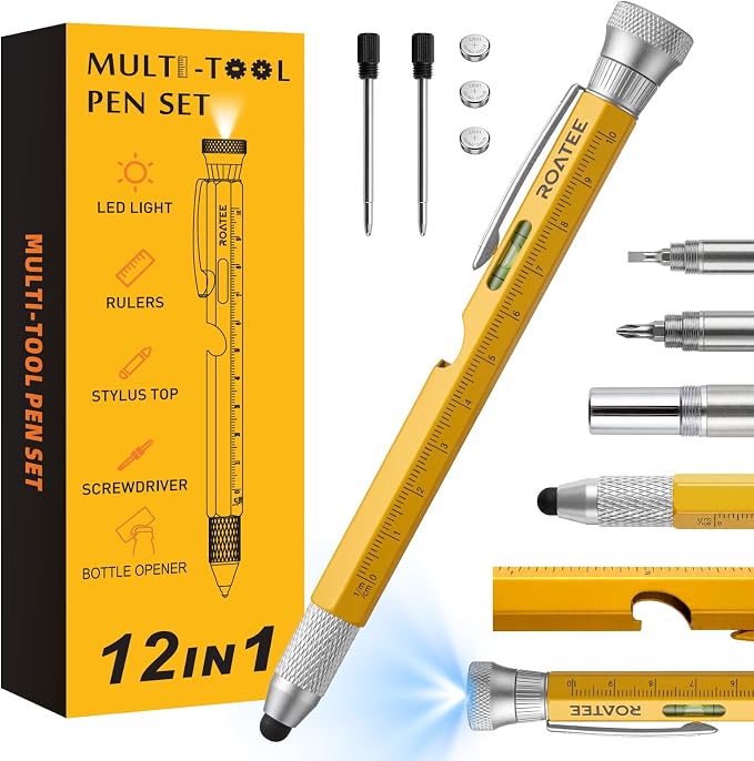 ROATEE Fathers Day for Men Multi Tool Pen 12 in 1 Cool Stuff Gadgets Gifts for Husband Birthday Personalized Gift for Dad Fidget Construction Pen with Small Screwdriver, Level, Ruler,Led Light,Yellow