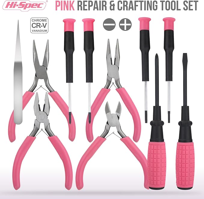 Hi-Spec 11pc Pink Womans Compact Crafts & Home DIY Repair Hand Tool Kit Set with Pliers, Cutters and Precision Screwdrivers for Ladies | 11pc, everyday fixes made easier, organized portable storage, beginner-friendly selection, apartment and office tas...