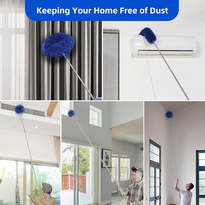 Microfiber Duster for High Ceiling Fan Blades, Cobweb with Extension Pole Adjusts 15-82 Inch, Reusable Cleaning Duster Kit with 3 Duster Heads for Wall Blinds Door Furniture Bookshelves (Blue)