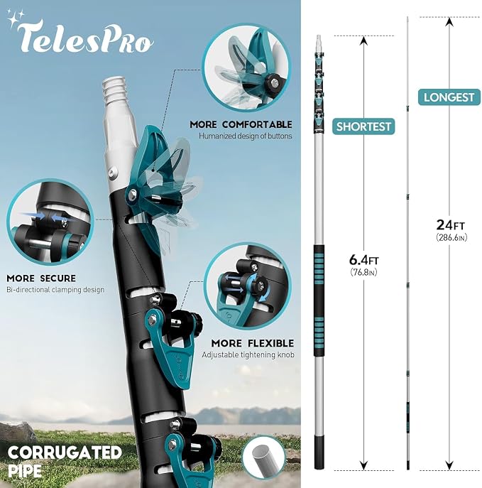 TelesPro 30 Foot High-Reach Duster Kit with 6-24FT Extendable Pole - High Ceiling Duster Cleaning Kit with Telescopic Pole,Cobweb Duster, Chenille Ceiling Fan Duster, Microfiber Feather Duster