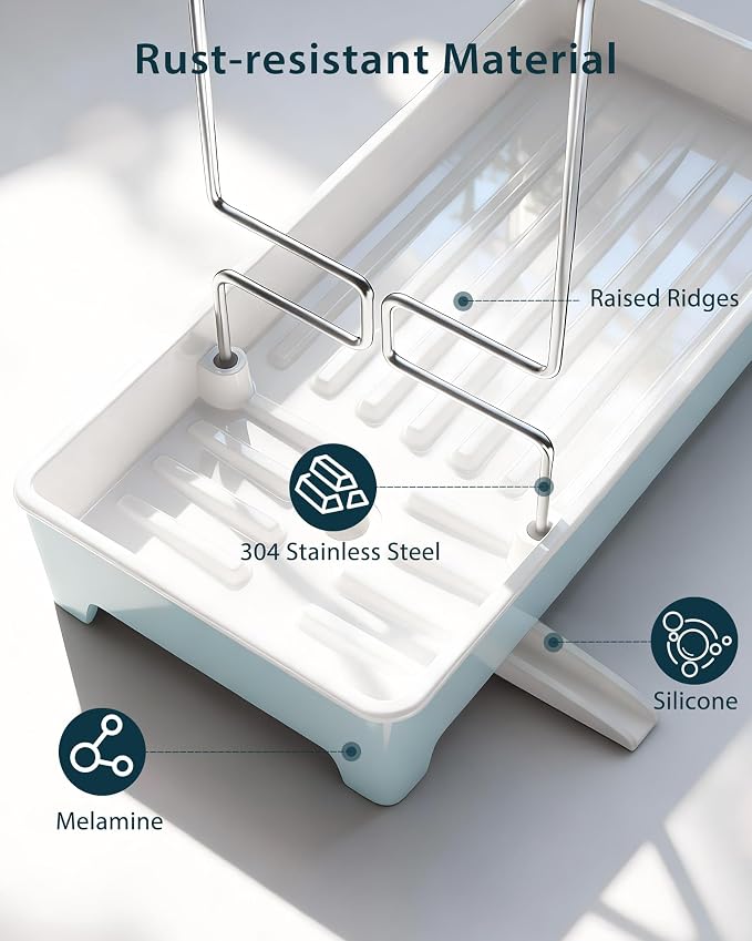 Minimalist Sink Caddy, Rustproof Sponge Holder for Kitchen Sink with 304 Stainless-Steel Brush Holder, Countertop Rack Organizer with Raised Ridges & Silicone Drain Tube (Pastel Blue, Large)