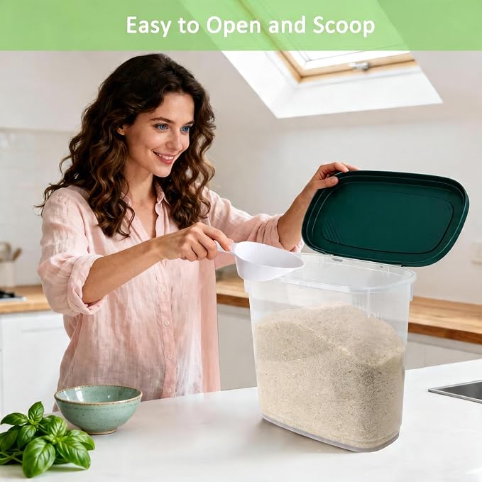 Rice Storage Container 15-20 Lbs, Tall Flour Bin Container with Scoop, Cup | Slim Dry Food Container Storage Bin for Cereal, Sugar, Beans, Pet, Dog, Cat Food, Kitchen and Pantry Storage Organization