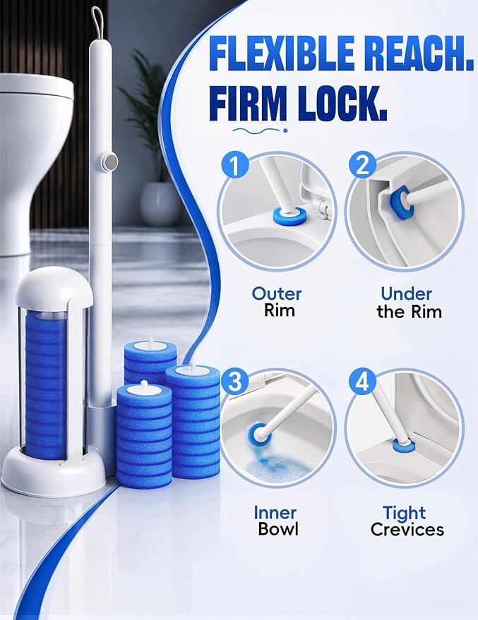 Toilet Wand Kit, Disposable Toilet Bowl Cleaner Brush with Blue Replacement Heads, Press-Button Wand and Self-Closing Freestanding Holder (Toilet Brush + 35 Refills)