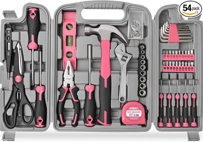 Hi-Spec Woman Home DIY Repair Pink Tool Kit with Portable Toolbox Case | 54pc, everyday fixes made easier, organized portable storage, beginner-friendly selection, apartment and office tasks, Ladies