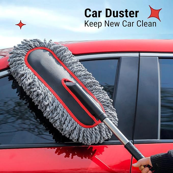 YeewayVeh Car Duster, Scratch-Free Microfiber Cleaning Brush, Gray/Red | Extendable Handle Pollen & Dust Remover for Truck, SUV, Vehicles & Home