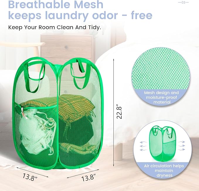 HOUSE AGAIN 2 Pack Strong Mesh Pop Up Laundry Hamper, 70L Collapsible Laundry Basket with Steel Frame, Double‑Stitched Handles & Side Pocket, Foldable Dirty Clothes Hamper for Dorm, Bedroom, Green
