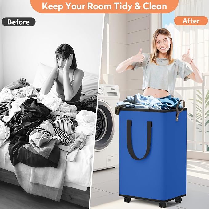 SpaceTrove Rolling Laundry Basket with Wheels, Laundry Hamper, 100L, Blue | Collapsible, 4 detachable wheels including 2 with brakes, sturdy handle, metal frame, for dorms, bathrooms and bedrooms