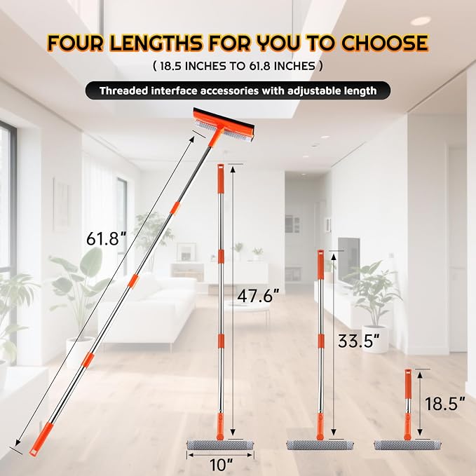 Window Squeegee with 62" Adjustable Stainless Steel Pole —2-in-1 Sponge Scrubber &Streak-Free Blade, No Ladder for 1-Story &Skylights,Car &RV Windshields,Shower Doors,Tile Orange