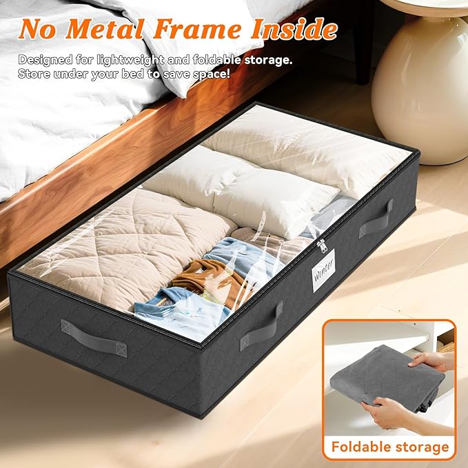 90L Under Bed Storage Containers, Storage Bags, Organizers, 4-Pack, Gray | Foldable, Soft Fabric, Closet Organizers, Reinforced Handle, Label Holder, Clear Window, for Comforters, Clothing, Blankets
