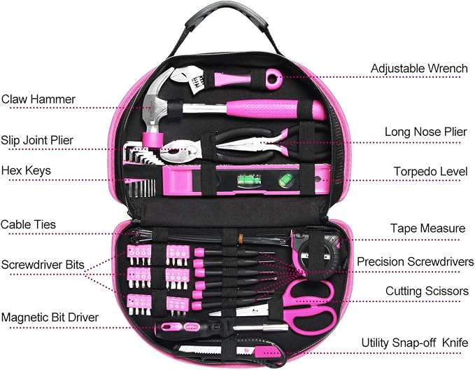 89 Piece Pink Tool kit, Ladies Hand Tool Set with Easy Carrying Round Pouch Household Tool Kit Perfect for DIY, Home Maintenance and Dorm Repair | Compact & Portable, Perfect for DIY & Home Repair, Includes Round Storage Pouch