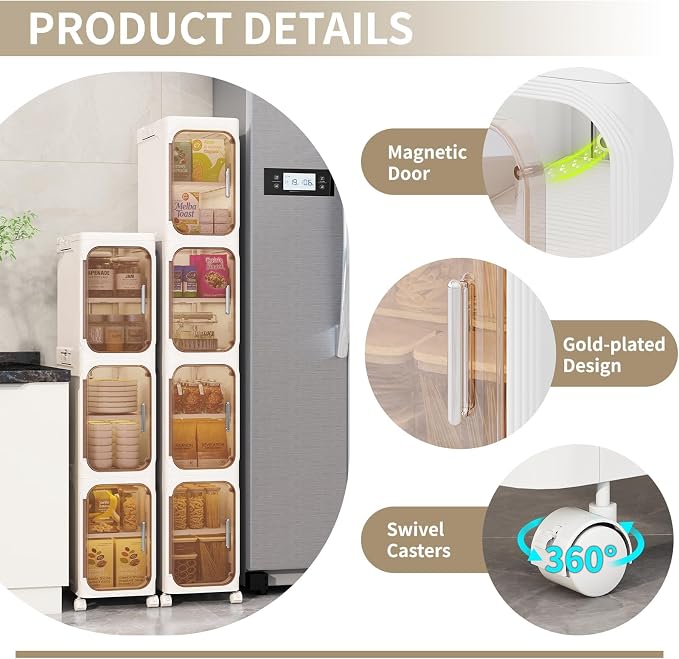 5 Tier Slim Bathroom Storage Cabinet, Foldable and Movable, Beige | Tools Free, ABS and PET, Magnetic Clear Door, Adjustable Shelves, Lockable Wheels, Water Resistant, For Narrow Space