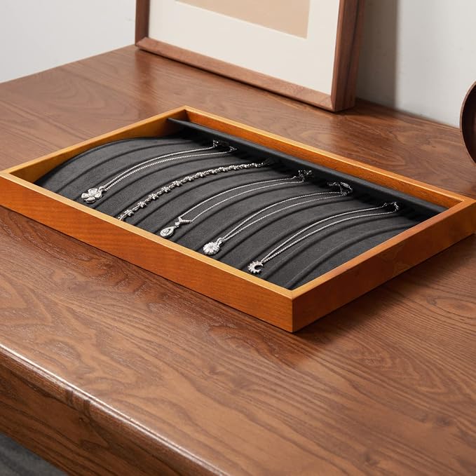 Oirlv Wood 13 Grids Necklace/Bracelet/Pendant Display Tray Jewelry Drawer Organizer Stackable Jewelry Trays(Grey) | Stackable Design,Keep Necklaces Bracelets Flat and Untangled,Organizing and Presentinge Legantly on Dressers&in Dresser