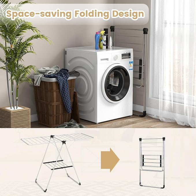 Tangkula 2-Level Collapsible Clothes Drying Rack w/Height-Adjustable Wings | Light-Weight Aluminum | Bottom Shoe Rack | No Assembly | Foldable & Space-Saving| for Laundry Room, Balcony, Patio | Silver