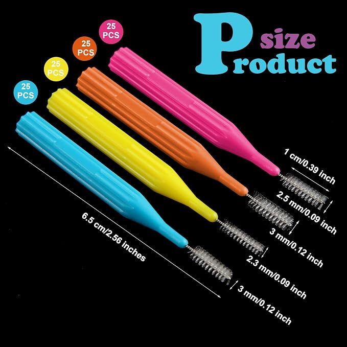 Patelai 100 Count Interdental Brush Set, Soft Braces Cleaner Picks with Cap, Multi Size Teeth Gap Cleaning Tool for Orthodontic Care Bridge Implant Travel Kit(Light Blue,Pink,Yellow,Orange)