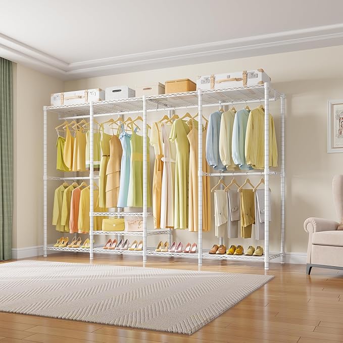 VIPEK V40 Plus Large Clothes Rack, 1300lbs Capacity Sturdy Metal Garment Rack, Clothing Rack with 6 Shelves & 4 Hang Rods, Adjustable Open Wardrobe Closet Organizer for Bedroom/Apartment/Retail, White
