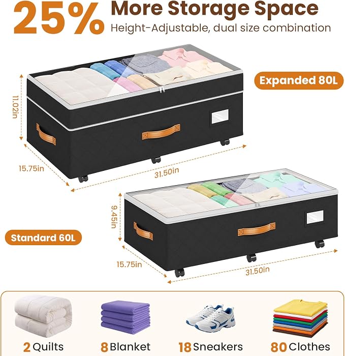 Budding Joy 80L 2 Pack Adjustable Under Bed Storage with Wheels | Underbed containers with clear lids, rolling under bed shoe storage organizer for dorm home clothes, blankets, toys, black
