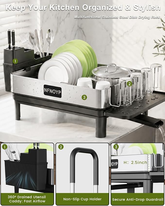 Dish Drying Rack, 304 Stainless Steel Dish Rack and Drainboard Set, Rustproof Dish Drainer with Anti-Pooling Automatic Drainage, Large Capacity Kitchen Counter Organizer, Black