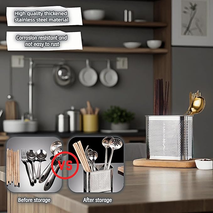 Stainless Steel Kitchen Utensil Holder with Hooks, 2-Tier Stainless Steel 304 Utensil Holder,Rustproof Heavy Duty Dish Drainer for Kitchen Sink Countertop,5.51x4.33x2.76 Inch