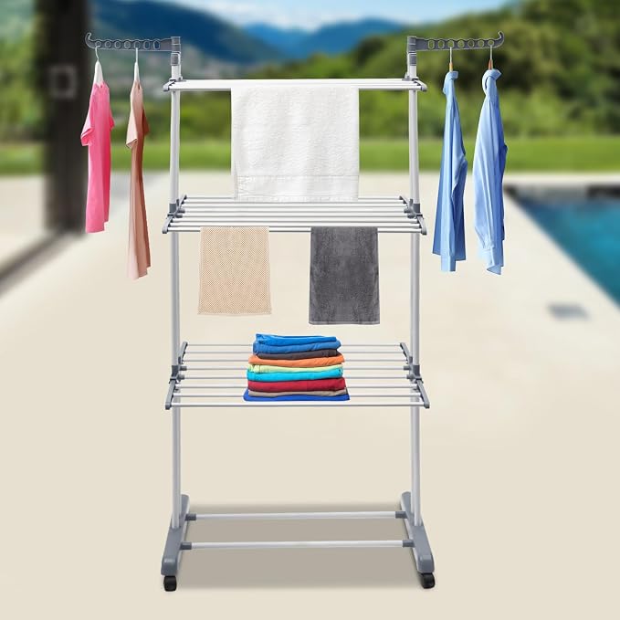 Clothes Drying Rack, 4-Tier Clothes Horses Rack Foldable Metal Laundry Garment Dryer Stand with Two Side Wings for Bedrooms, Lofts, Balconies, Patios (Gray)
