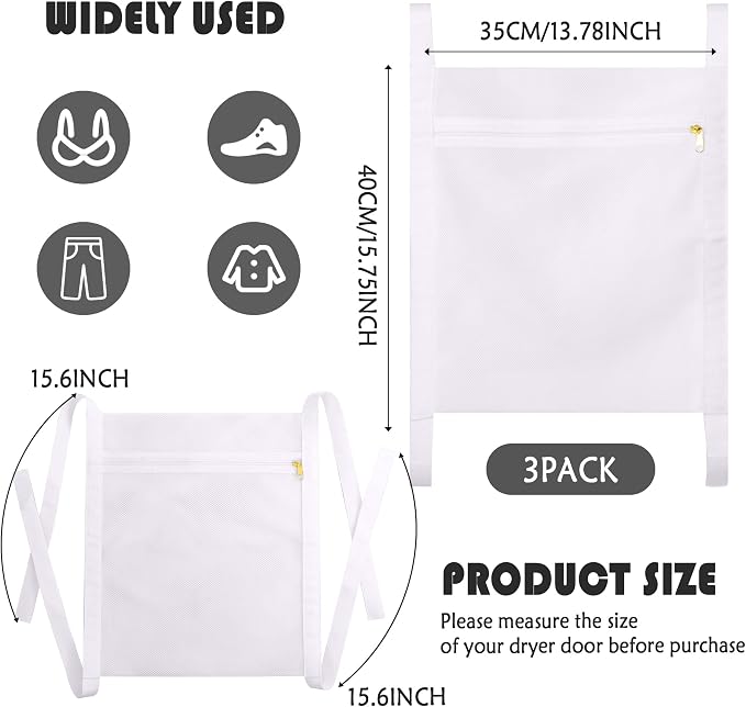 Sneaker Wash & Dry Net Bag for Dryer,15.7x13.8 Inch Large HoneyComber Mesh Bags with Zipper and Strap for Shoes, Clothing, Laundry Reused Bag Tool, 3 Pcs