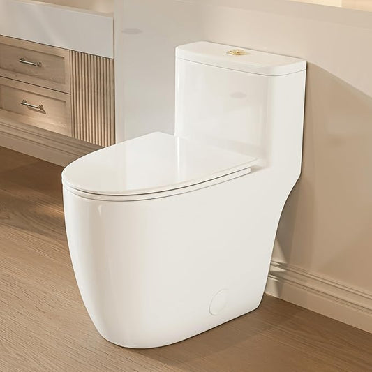 Casta Diva Elongated One Piece Toilet with 17.5" Comfort Chair Height Seat Modern Toilets for Bathroom, High Efficiency Dual Flush 1.0/1.28 GPF & MAP 1000g, 12'' Rough-in, Golden Flush Button