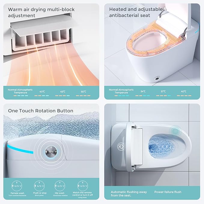 Smart Toilet with Bidet Built In, One-Piece Electric Tank Toilet with Auto Open & Close Lid, Dual Flush 1.28 GPF, Heated Seat, Remote Control, Foam Shield, Warm Air Dryer & Temp Display