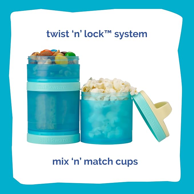 Whiskware Stackable Snack Containers for Kids and Toddlers, 3 Stackable Snack Cups for School and Travel, Tan/Blue/Blue