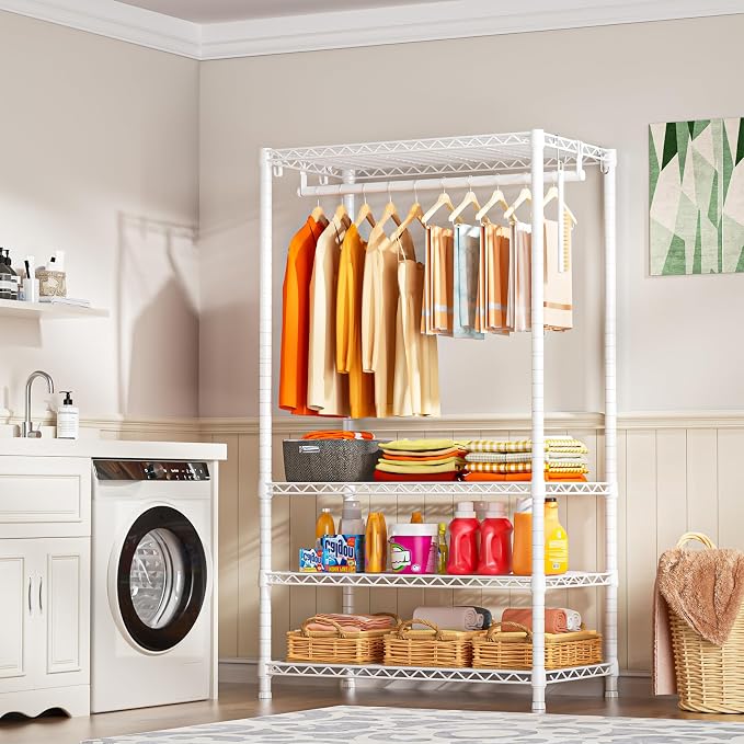 Ulif H4 Portable Closets, 4-Tier Metal Clothes Garment Rack for Bedroom and Cloakroom, Clothing Closet Storage and Organizer Wardrobe, 35.4" W x 14" D x 76.4" H, White