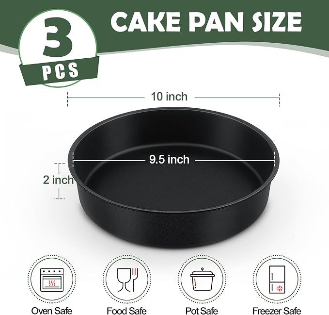E-far 9.5 Inch Cake Pan Set of 3, Nonstick Round Baking Layer Cake Pans, Stainless Steel Core & Non-Toxic Coating, 2 Inch Deep (Black)