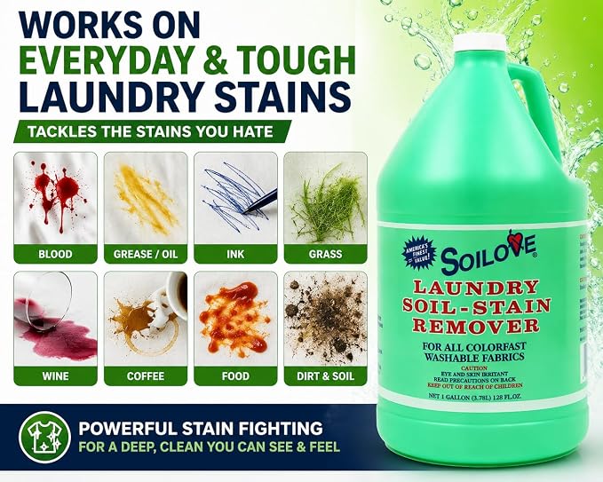 Soilove Stain Remover for Clothes, 128 oz Triple-Acting Laundry Prewash, Clings, Penetrates & Lifts Tough Stains Including Blood, Grease, Grass, Food, Coffee & Wine
