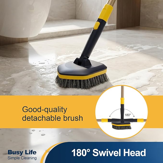 Yocada Tub Tile Scrubber Brush 2 in 1 Cleaning Brush 4*Scouring Pads 58.2 Inch Adjustable Telescopic Pole Stiff Bristles for Cleaning Bathroom Kitchen Toilet Wall Tub Tile Sink Non Scratch