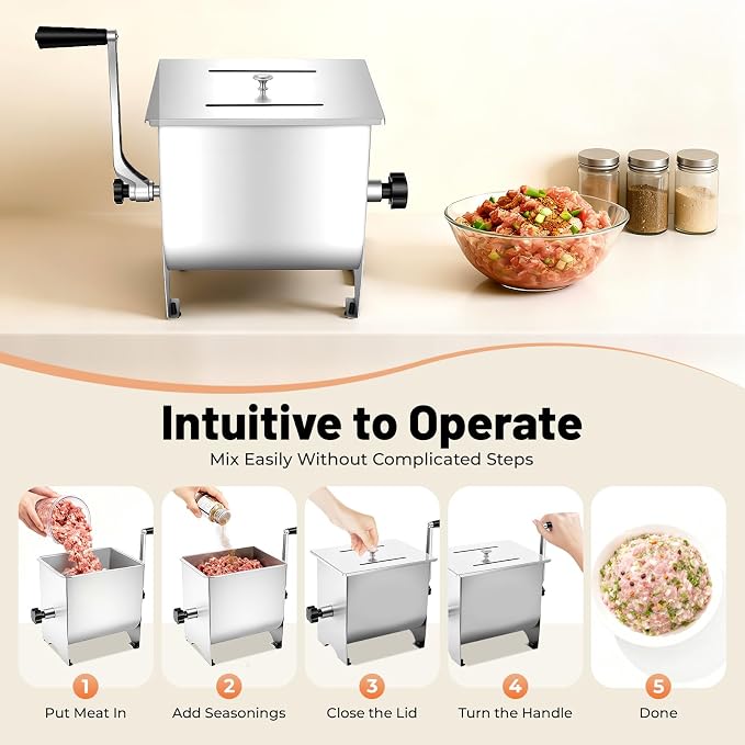 Manual Meat Mixer, 20lbs Stainless Steel Fixed Tank Meat Mixer, Manual Meat Grinder Machine with Non-Slip Feet, Countertop Food Processor, for Burger, Sausage & Jerky