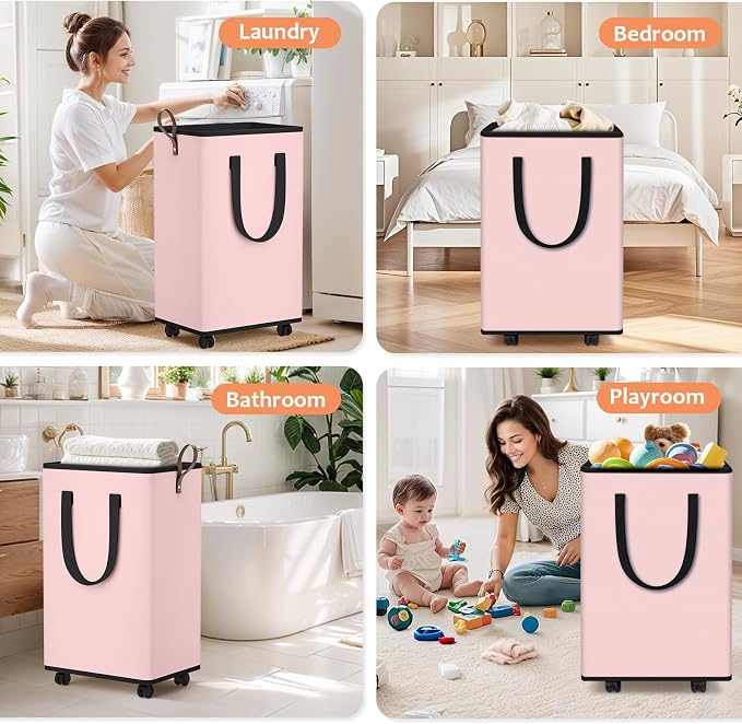 SpaceTrove Rolling Laundry Basket with Wheels, Laundry Hamper, 100L, Pink | Collapsible, 4 detachable wheels including 2 with brakes, sturdy handle, metal frame, for dorms, bathrooms and bedrooms