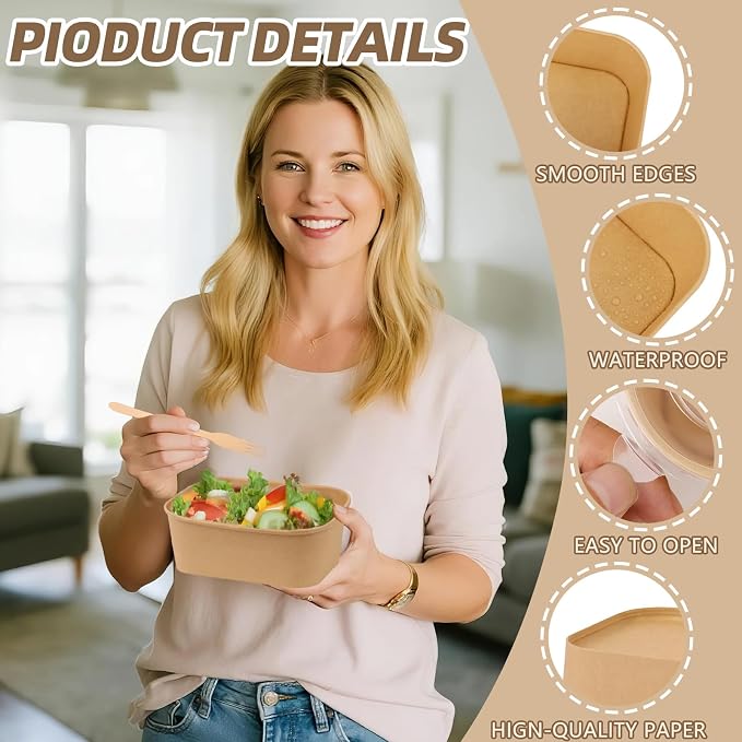 50 Pack 19 oz Paper Food Containers with Lids, Meal Prep Containers Disposable Large Paper Bowls, Microwavable and Freezer Storage Use Cardboard Food Containers