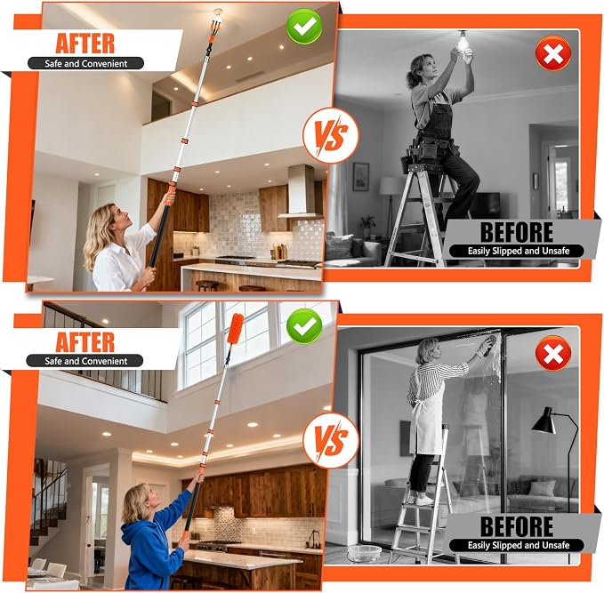 26FT Light Bulb Changer Kit with Ceiling Fan Cleaner Extension Pole Orange | Telescoping Lightbulb Changing Pole,Cobweb Brush Extendable Duster,Spider Web Brush and Window Squeegee Cleaning