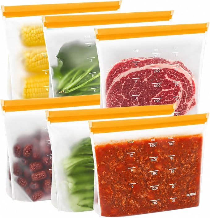 IDEATECH Reusable Gallon Freezer Bags, Reusable Food Storage Bags, 6Pack | Leakproof, Dishwasher Safe, BPA-Free Food Grade, Large Size with Measurement Marks for Meat, Marinades & Freezer Storage