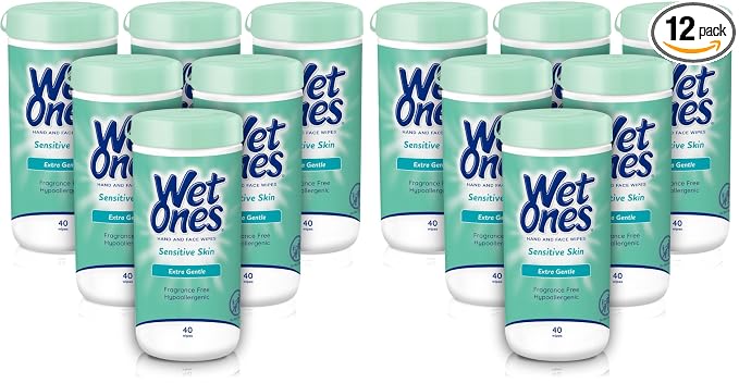 Wet Ones Hand and Face Wipes, Sensitive Skin, Unscented, Hand and Face, 40ct Canister, (Pack of 12)