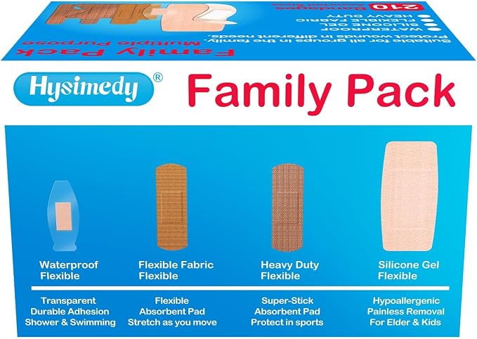 Hysimedy Assorted Bandages Variety Pack 210 Count 4 Styles for Wounds Care | Flexible Fabric Heavy Duty Waterproof Silicone Knuckle Hypoallergenic Latex Free Breathable for Minor Cuts, Scrapes, Burns