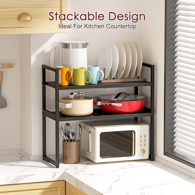 Expandable Kitchen Storage Shelves,110LBS Heavy Duty Metal Garage Shelving Units For Pot Pans Appliance,Adjustable Small Storage Shelf Rack Organizer For Kitchen Countertop Under Cabinet Garage Pantry