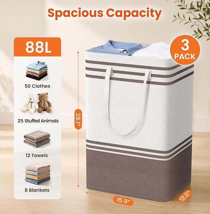 TranquilRelax 3-Pack Laundry Basket, Laundry Hamper, Khaki-88L | Freestanding＆Water-Resistant Laundry Hamper, Collapsible Tall Clothes Hamper with Carry Handles for Clothes, Laundry Basket