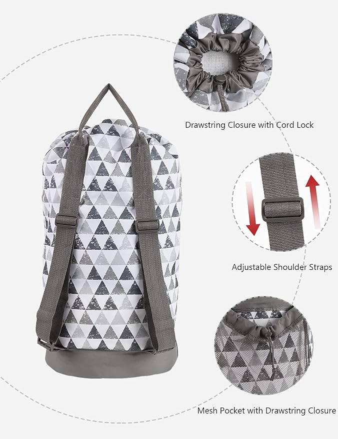 Backpack Laundry Bag, Laundry Backpack with Shoulder Straps and Mesh Pocket Durable Nylon Clothes Hamper Bag with Drawstring Closure for College, Travel, Laundromat, Apartment