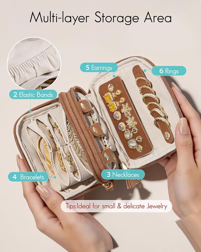 VLANDO 2-Layer Jewelry Travel Organizer for Necklaces,Rings,Earrings | Multi-Compartment Faux Leather Pouch with Velvet Lining Designed for Business Trips,Vacations,Daily Carry,Brown